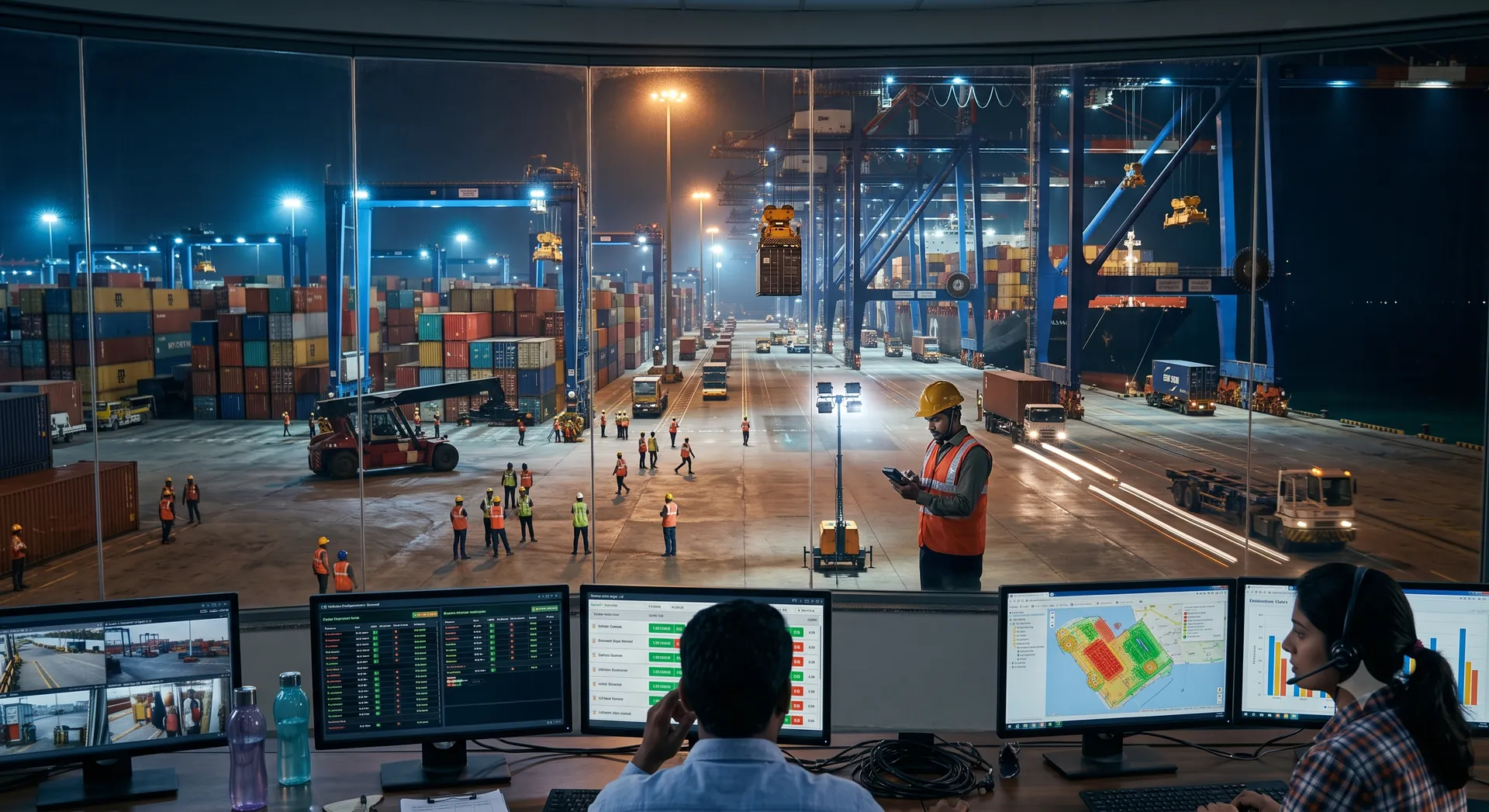 Night shift in a terminal operations centre, planners at a bank of live dashboards overlooking a lit container yard