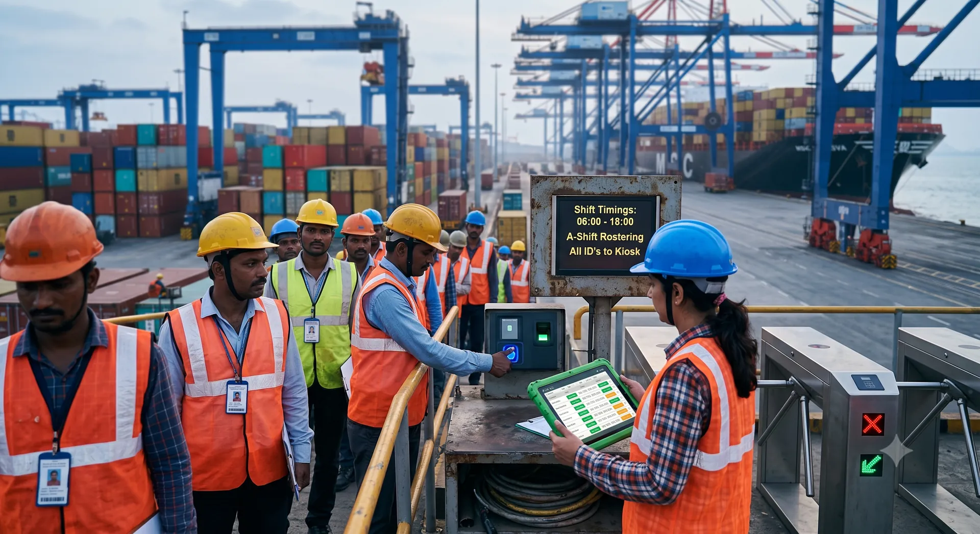 Terminal operators queuing at a biometric gate kiosk to punch in for the A-shift, supervisor checking the roster on a tablet