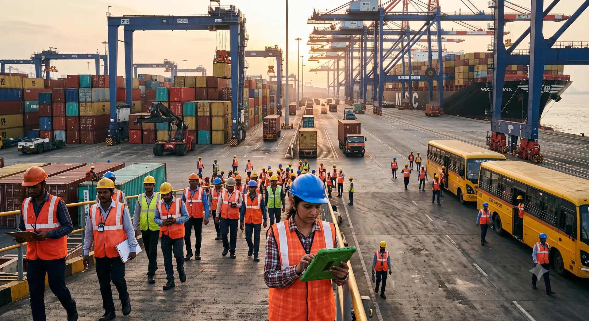 Shift change at a container terminal at sunrise, operators walking in past staff transport buses while a supervisor checks the roster on a tablet