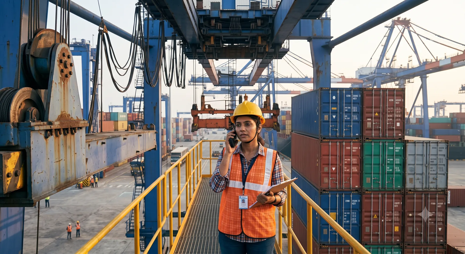 Terminal operator in high-visibility gear taking a shift-confirmation call on the container yard gantry walkway