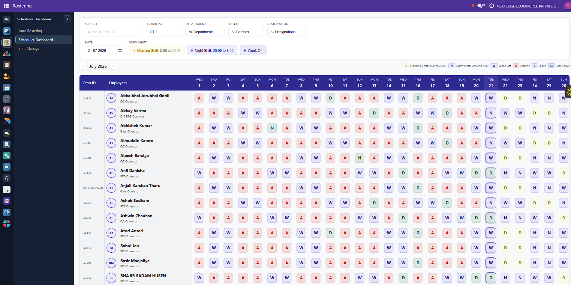 ShiftEaze scheduler dashboard showing a month-long roster grid across operators